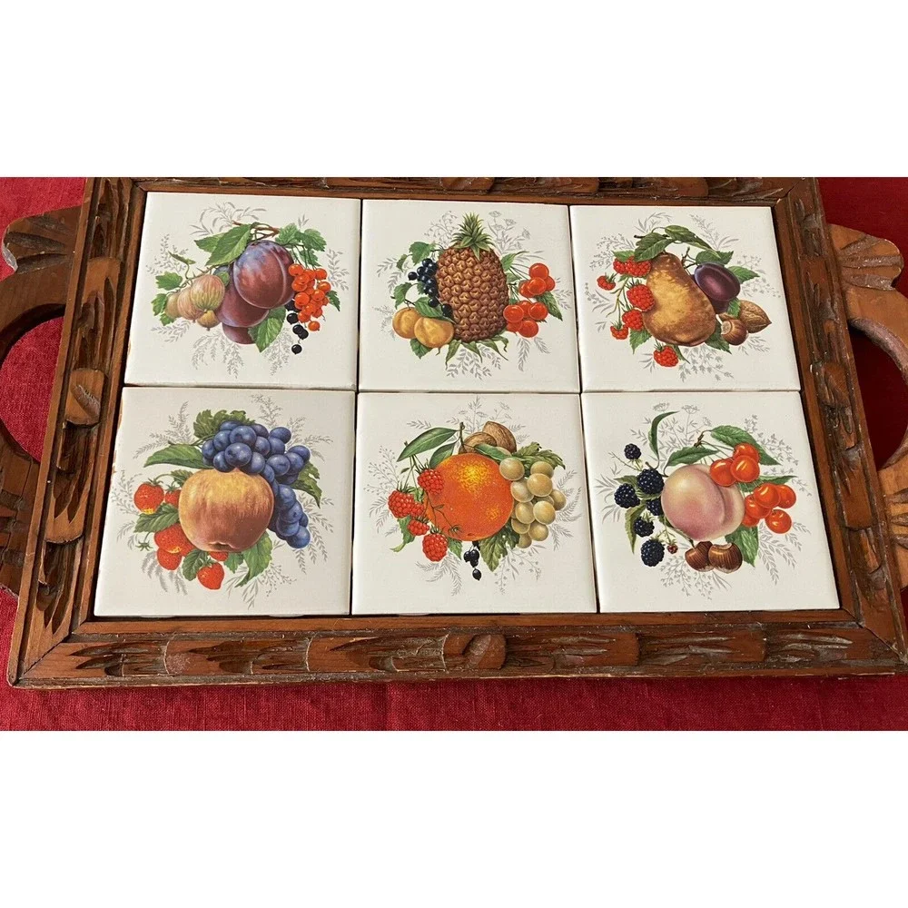 Vintage '70s Dal-Tile Carved Wooden Serving Tray with Ceramic Fruit Tiles Trivet